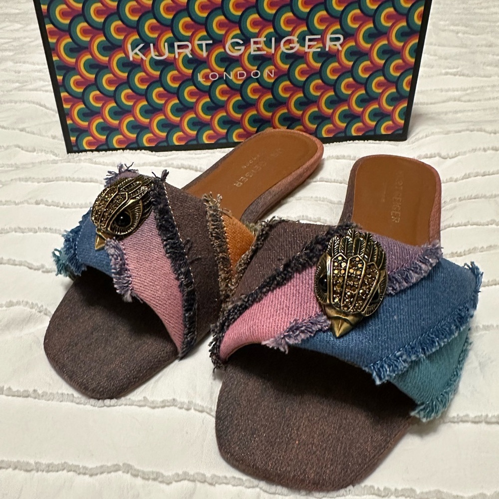 New in Box Kurt Geiger Women's Pink and Blue Frayed Slide Sandals